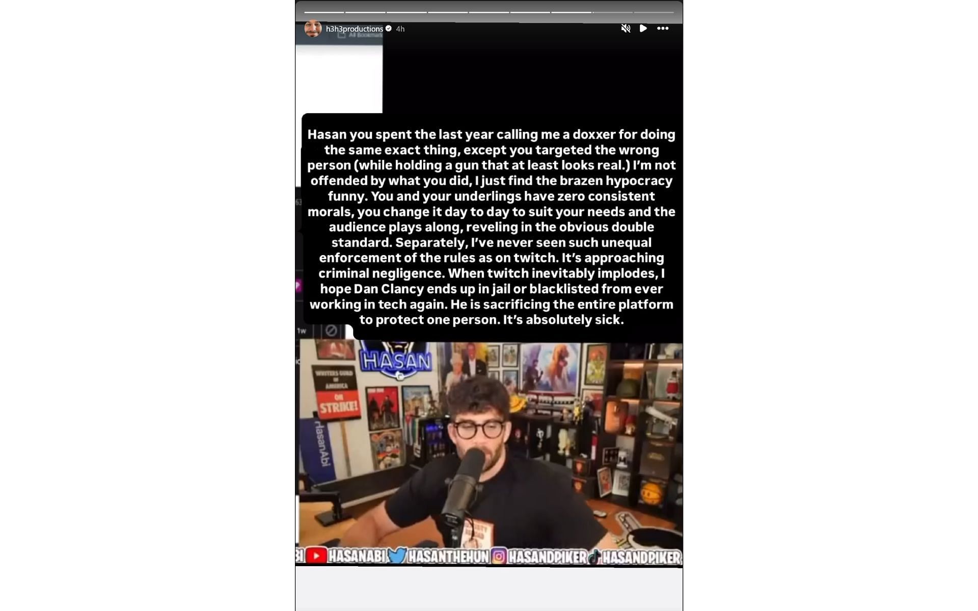 Ethan Klein's Instagram Story, in which he called Twitch out while commenting on the HasanAbi controversy (Image via instagram.com/stories/h3h3productions)